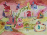 Abstract collage, pinks, blues, purples, dwellings and stones. Pink Village, 30x22