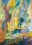 Large acrylic abstract on paper, brilliant yellows, blues, and greens Morning Joy, 38x54